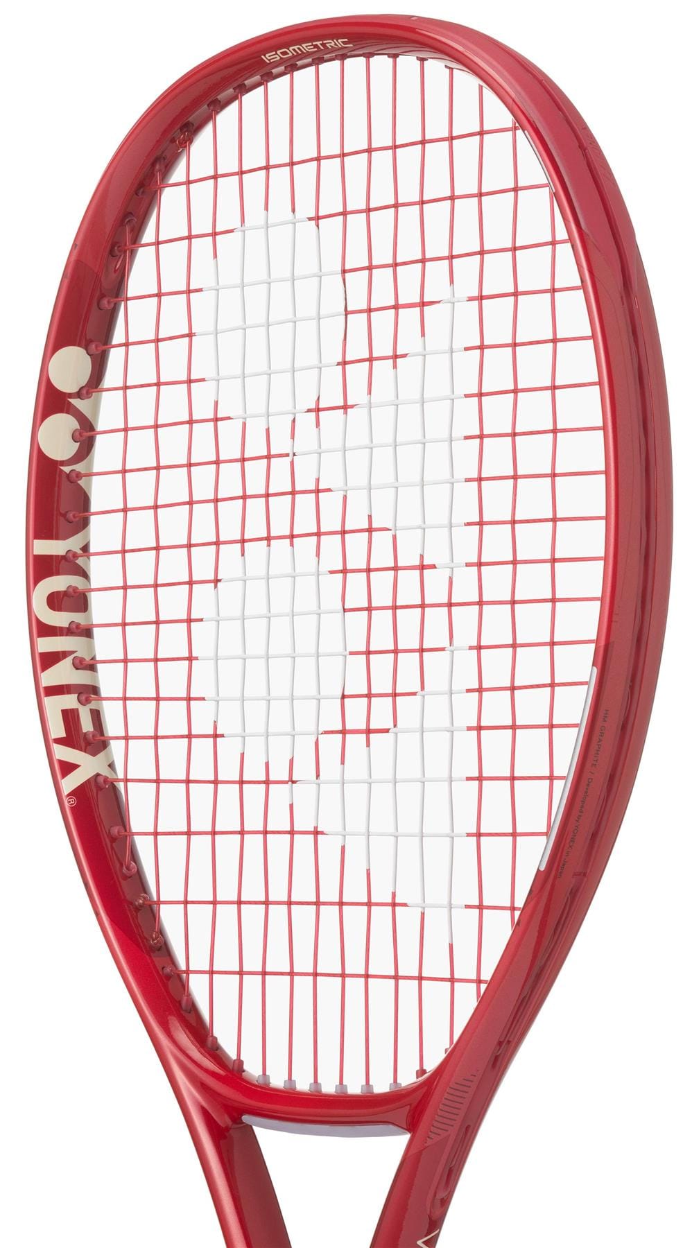 The Yonex VCORE Alpha Ruby Red 2026 tennis racket features ISOMETRIC technology and red strings with a white Yonex logo, shown against a white background.
