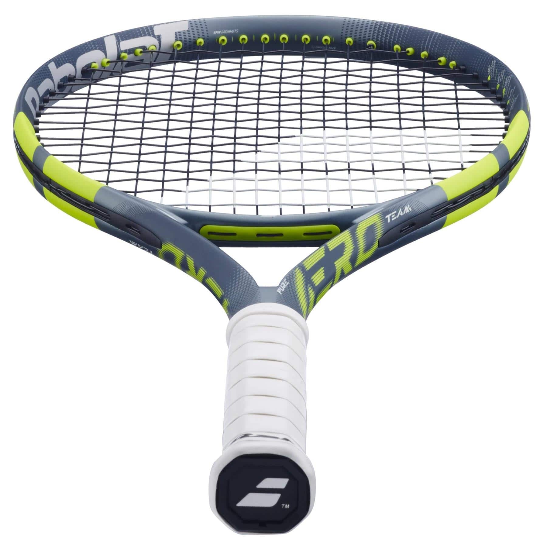 A close-up of the Babolat Pure Aero Team 2026 Tennis Racket by Babolat features a white grip, grey and neon yellow accents, black strings, and an aerodynamic frame, all highlighted against a white background.