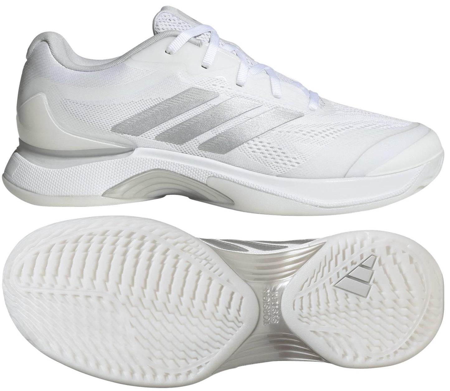 The adidas ADIDAS Avacourt 3 Women's Tennis Shoes in white feature silver stripes, a mesh-like upper, and a textured sole for grip—a sleek, sporty choice perfect for the tennis court.