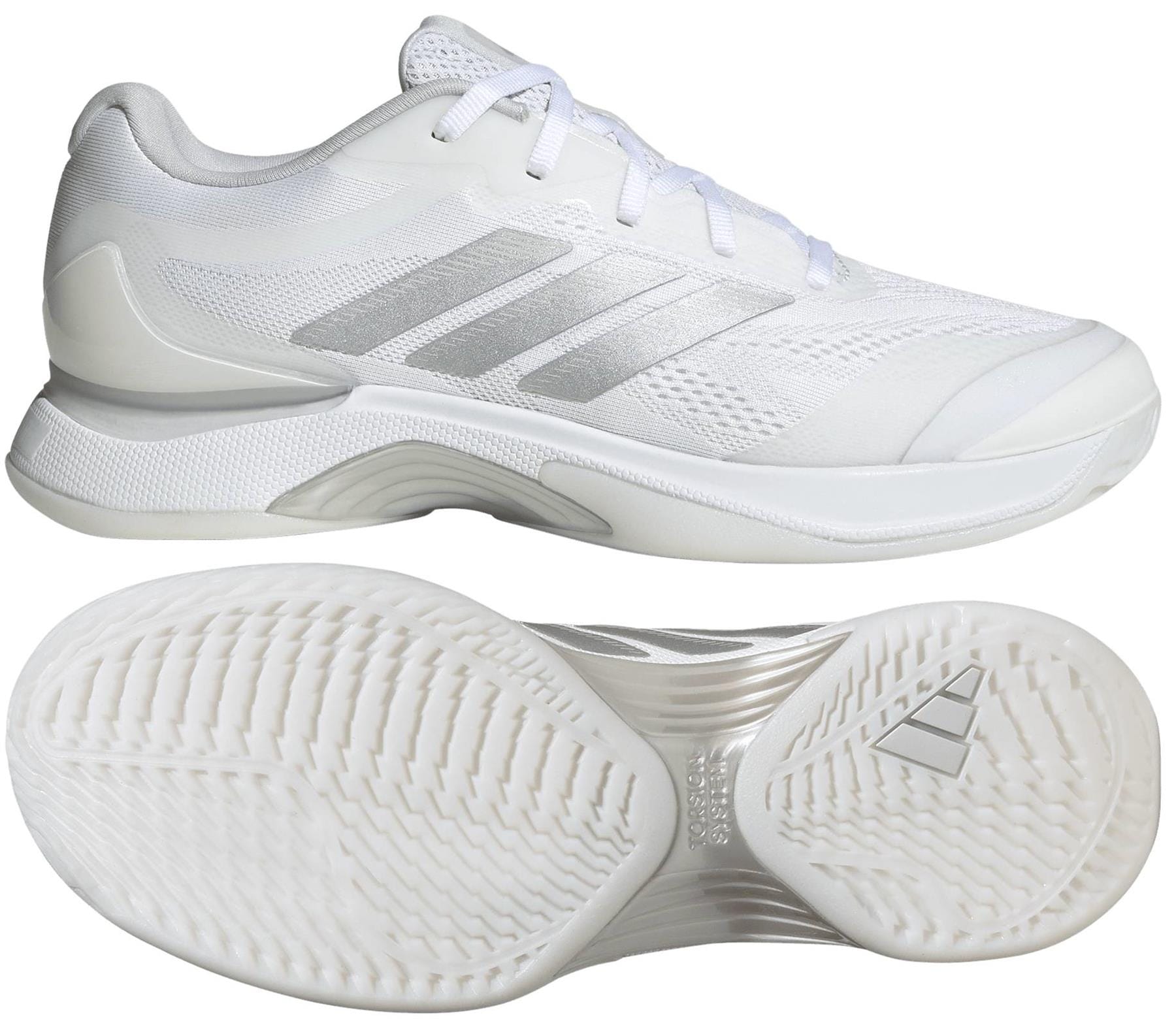 The adidas ADIDAS Avacourt 3 Women's Tennis Shoes in white feature silver stripes, a mesh-like upper, and a textured sole for grip—a sleek, sporty choice perfect for the tennis court.