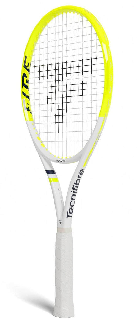 The Tecnifibre Fire 270 Tennis Racket, in yellow and white with a white grip and black/yellow accents, displays the Tecnifibre logo on the strings and frame. It stands upright, showcasing vibration dampening technology.