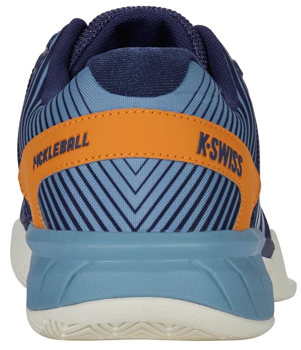 Rear view of the K-Swiss Express Light Men's Pickleball Shoes in Oceana/Forget Me Not, featuring diagonal stripes, an orange "K-Swiss" and "Pickleball" band, and a blue-white sole—ideal lightweight footwear for pickleball players.