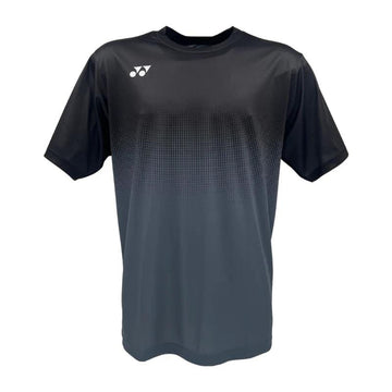 The Yonex YTM5 Men's Tennis T-Shirt in Shadow/Black features a dark to light gray gradient and is crafted from moisture-wicking polyester. A small white logo appears on the upper left chest, combining style and comfort for your game.