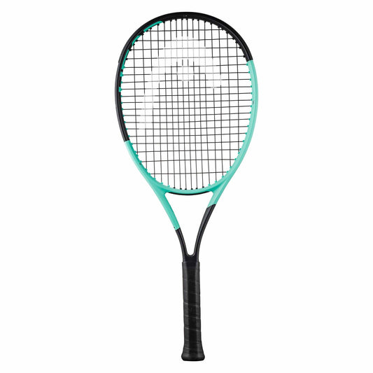 The HEAD Boom Junior 2024 Tennis Racket, featuring a sleek black and mint color scheme and a black grip handle with tightly strung strings, is highlighted against a white background. This modern design incorporates Auxetic Technology to emphasize the contrasting colors of the frame, delivering explosive power on the court.