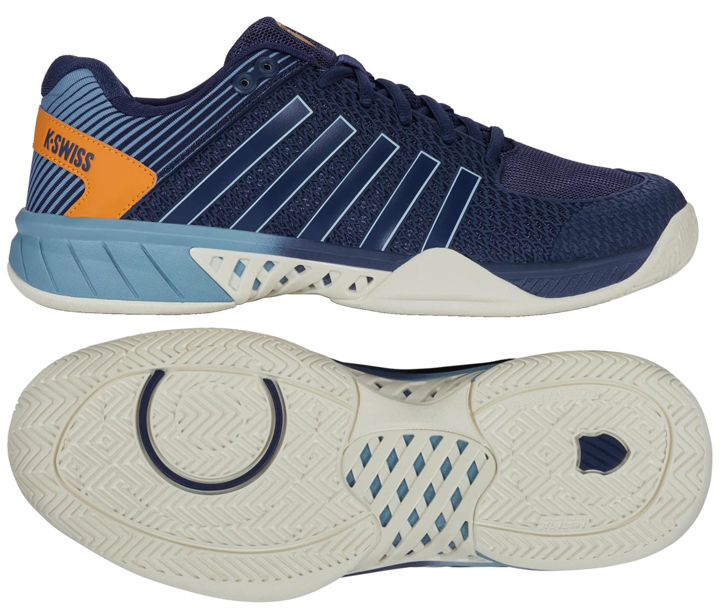 The K-Swiss Express Light Men's Pickleball Shoes in Oceana/Forget Me Not offer lightweight comfort and durable grip, featuring navy with light blue and white accents, orange heel detail, and a patterned sole—ideal for court performance.