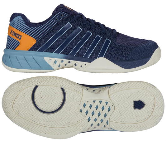 The K-Swiss Express Light Men's Pickleball Shoes in Oceana/Forget Me Not offer lightweight comfort and durable grip, featuring navy with light blue and white accents, orange heel detail, and a patterned sole—ideal for court performance.