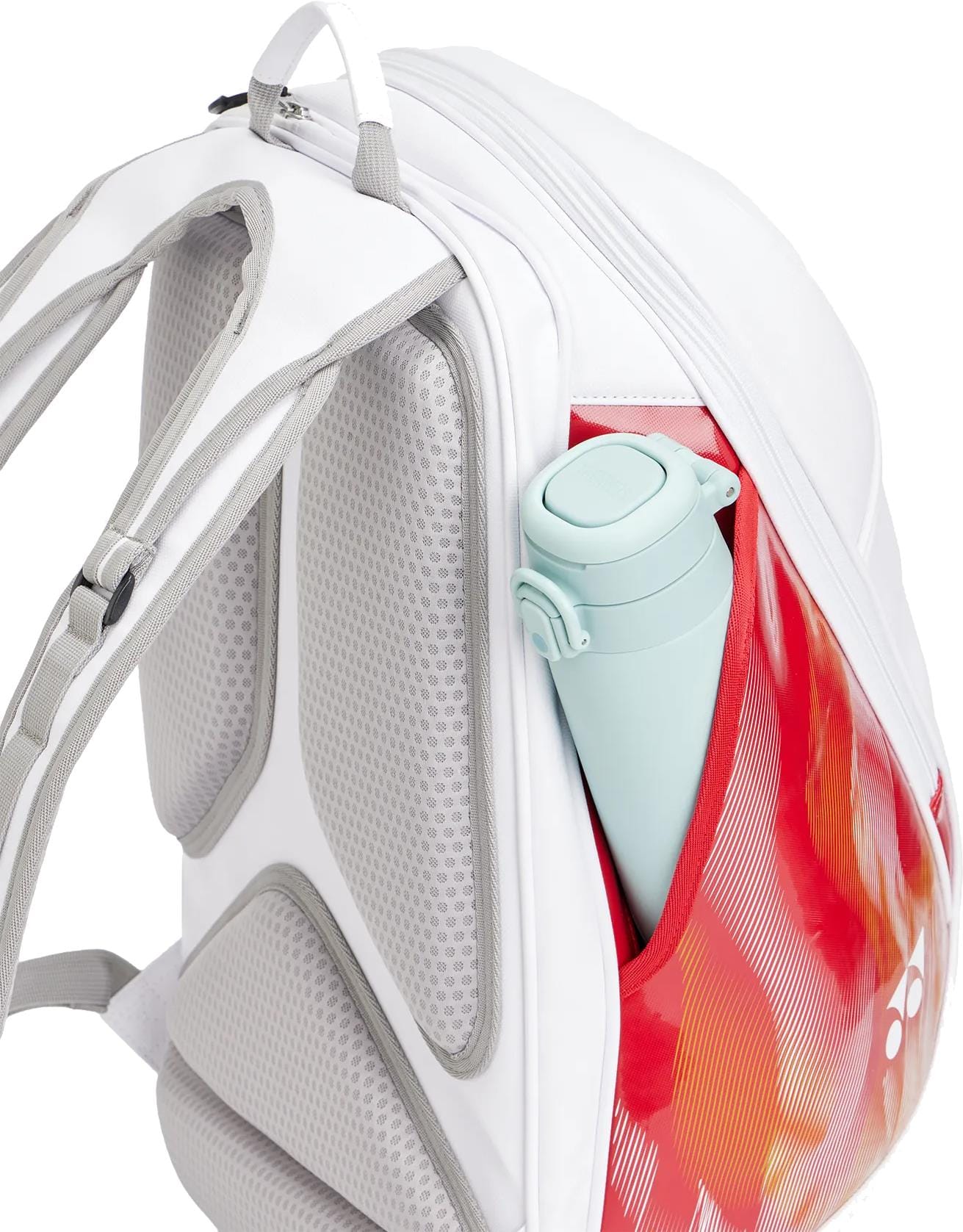 A close-up of the Yonex 02612EX Expert Tennis Backpack - White with gray padded straps and a light blue water bottle in the side pocket.