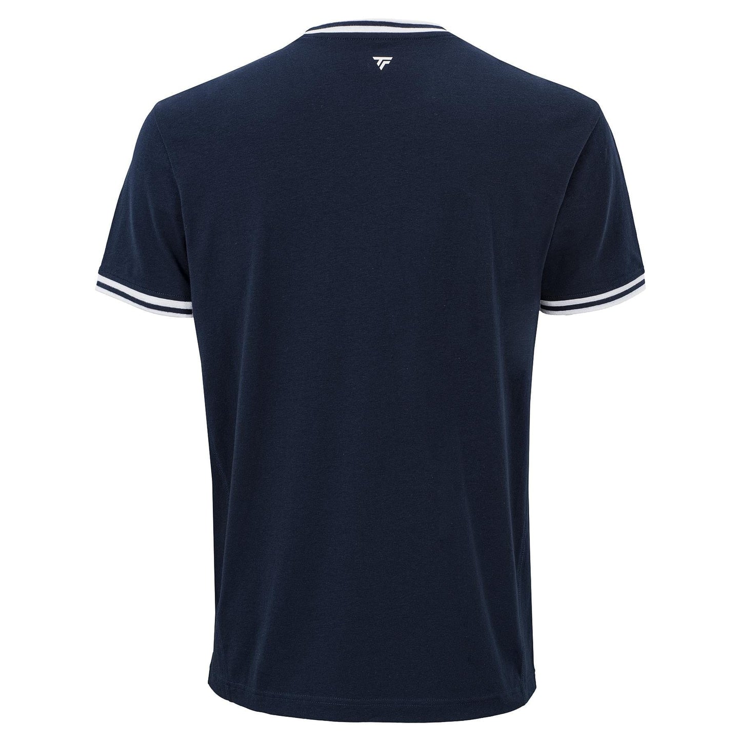 The Tecnifibre Team Stretch Men's Tennis T-Shirt in Marine Blue displays white sleeve trim and a small white logo below the collar—an athletic training shirt by Tecnifibre, ideal for workouts.