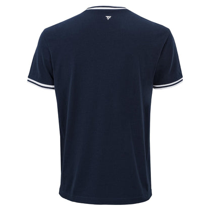 The Tecnifibre Team Stretch Men's Tennis T-Shirt in Marine Blue displays white sleeve trim and a small white logo below the collar—an athletic training shirt by Tecnifibre, ideal for workouts.