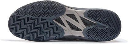 Close-up of Yonex Power Cushion Sonicage Men's Tennis Shoes in Black/Mocha Grey, showing the zigzag tread sole with "YONEX" and "ROUND SOLE" branding—perfect lightweight shoes for tennis players seeking comfort and grip.