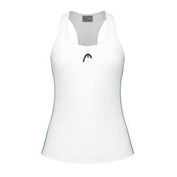 The HEAD Spirit Women's Tennis Tank Top - White, by brand HEAD, is a sleeveless athletic top that showcases thin green side stripes and a small black logo on the chest. Crafted with a racerback design to enhance freedom of movement, it also features Moisture Transfer Microfibre technology for optimal coolness and comfort.