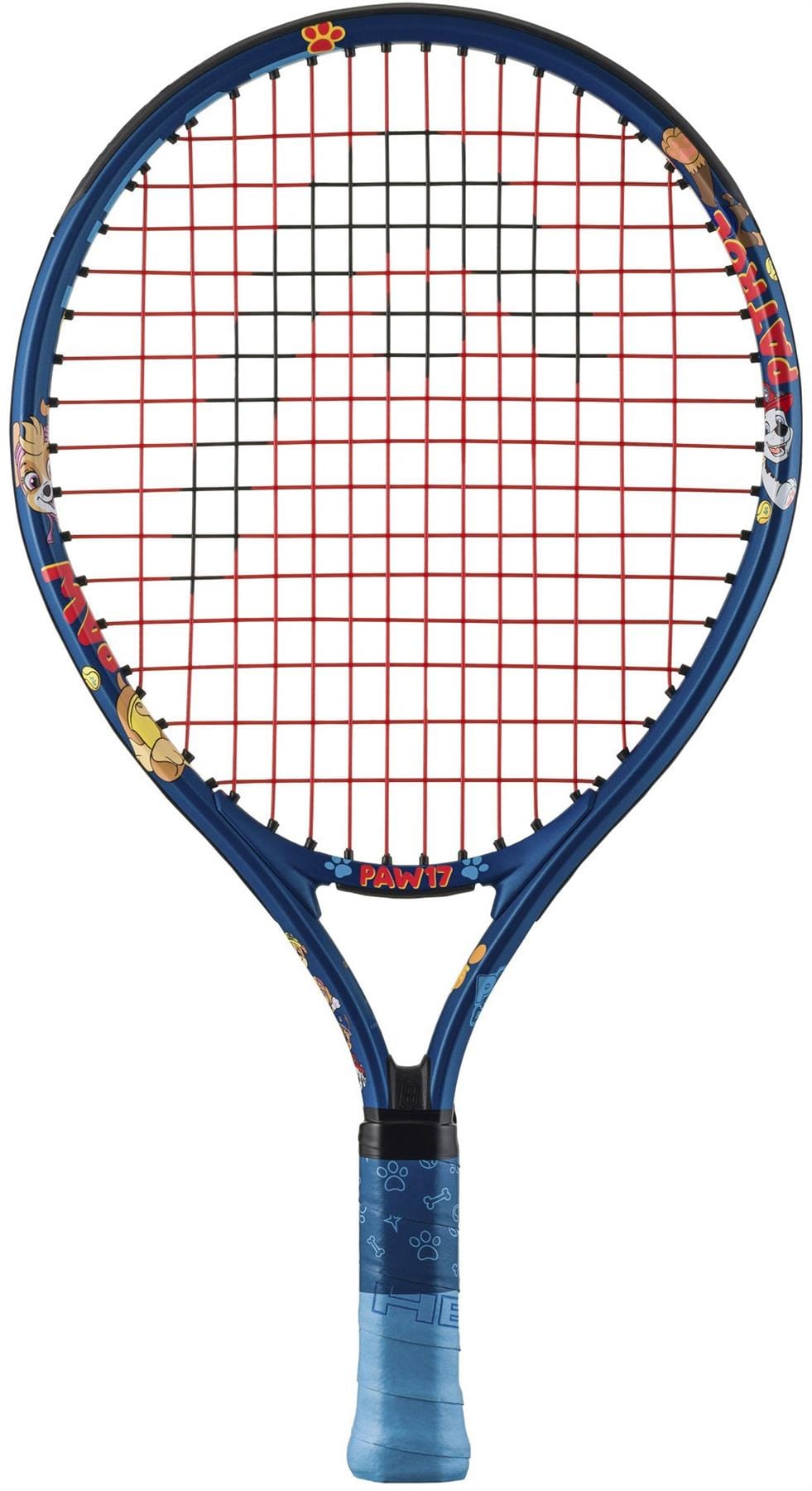 The HEAD x Paw Patrol 17 Junior Tennis Racket in blue features red strings, fun cartoon graphics, and a blue grip with light blue accents—making it the ideal tennis racket for young players and Paw Patrol fans.