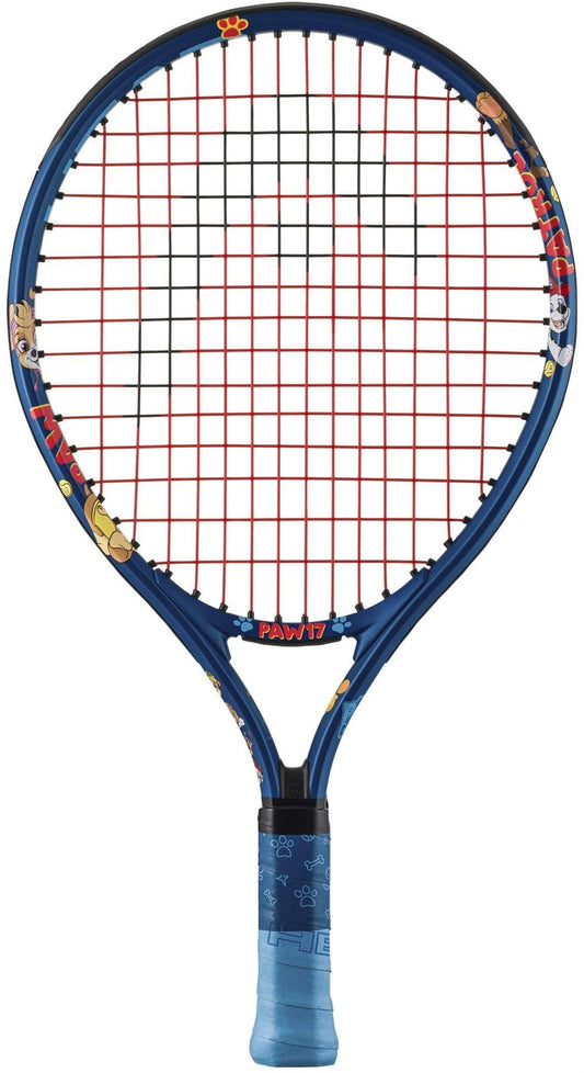 The HEAD x Paw Patrol 17 Junior Tennis Racket in blue features red strings, fun cartoon graphics, and a blue grip with light blue accents—making it the ideal tennis racket for young players and Paw Patrol fans.