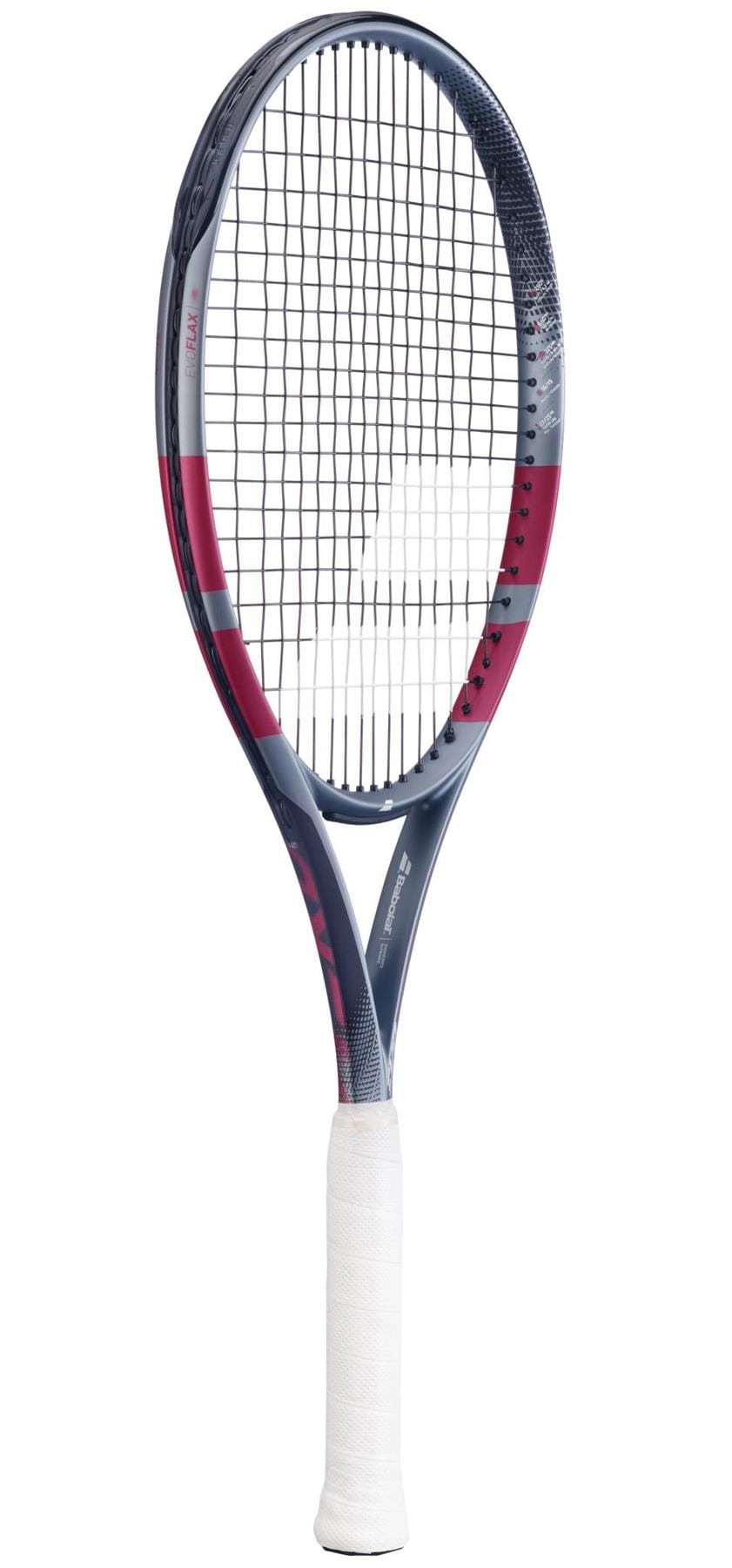 The Babolat Evo Aero Lite Pink 2026 Tennis Racket by Babolat, featuring a lightweight design and pink accents, stands upright against a plain white background.