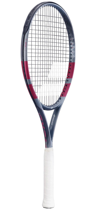 The Babolat Evo Aero Lite Pink 2026 Tennis Racket by Babolat, featuring a lightweight design and pink accents, stands upright against a plain white background.