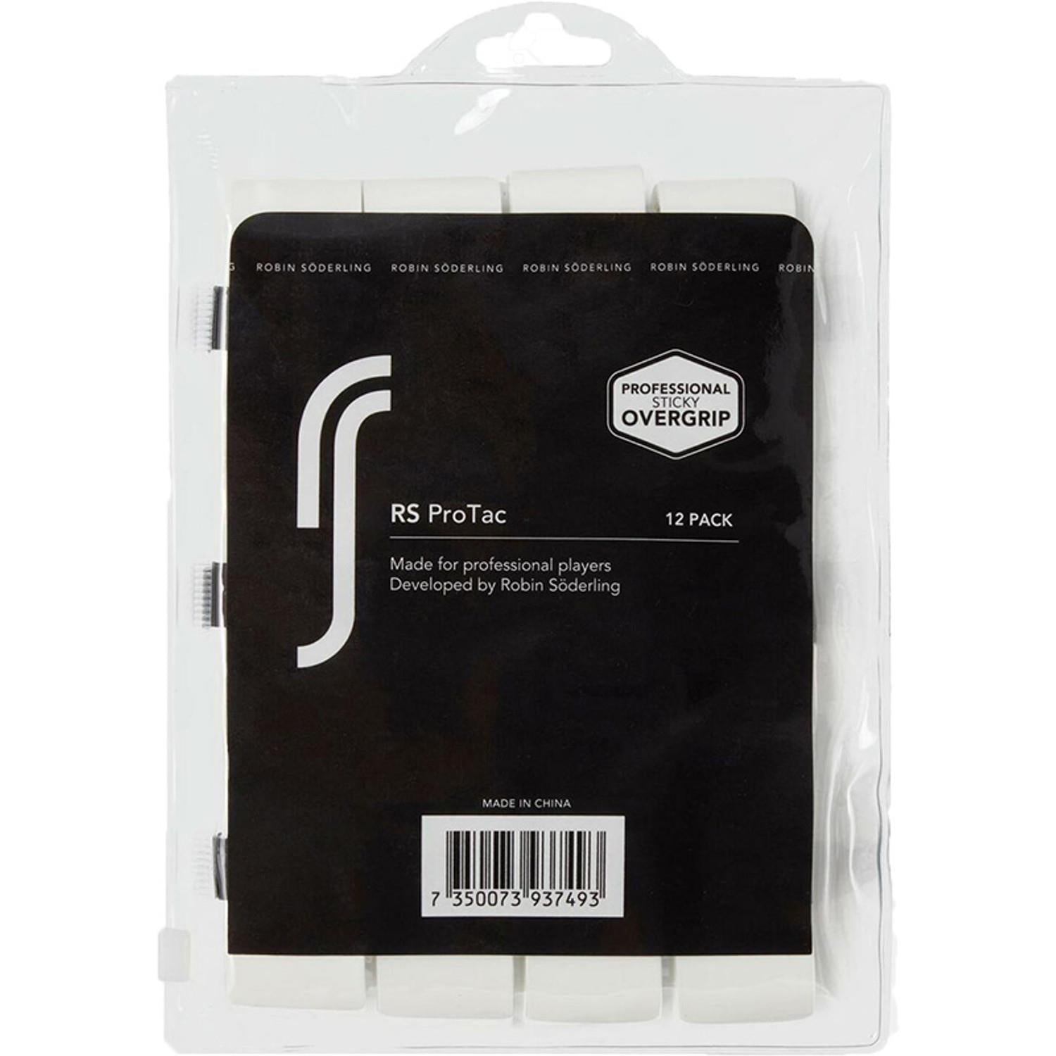 The Robin Soderling Pro Tac Tennis Overgrip (12 Pack) - White features professional branding, a black-labeled package with barcode, RS logo, and is designed for pro players.