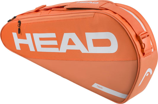 The HEAD Tour 3 Racket Tennis Bag S in orange features a large white HEAD logo, white accents, zipper, shoulder strap, and a sleek compact design—ideal as your go-to tennis racket bag.