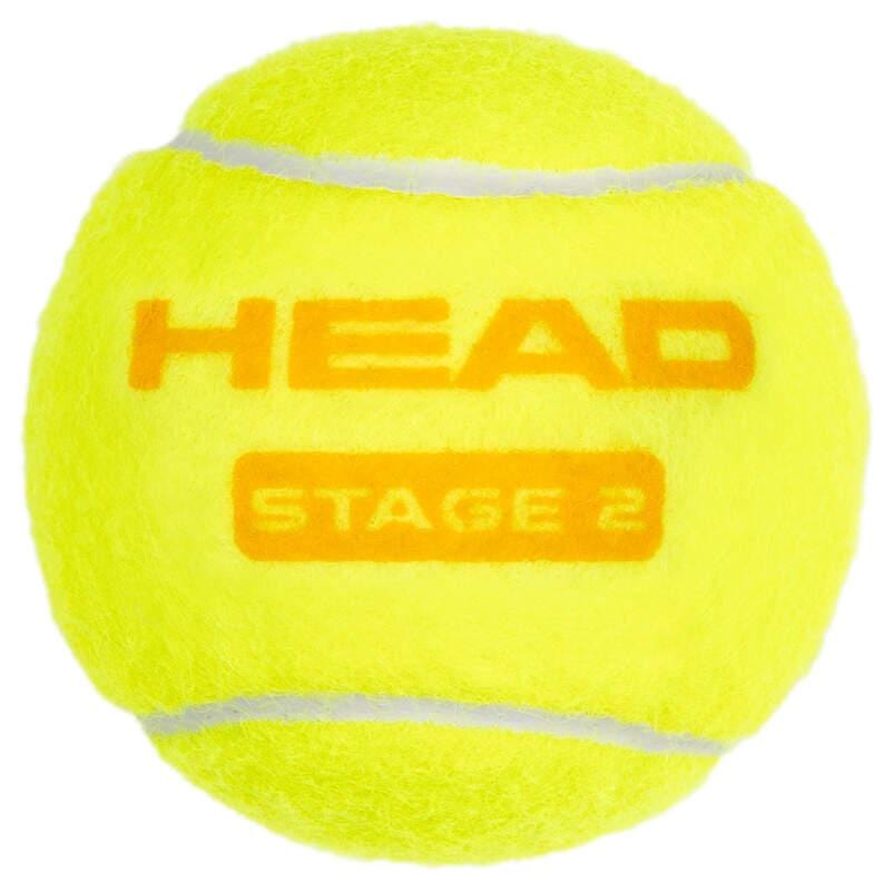 The HEAD 3B Stage 2 Tennis Balls - Orange are ideal for kids and orange court play, featuring the HEAD logo and "Stage 2" printed on bright yellow balls with white curved lines.