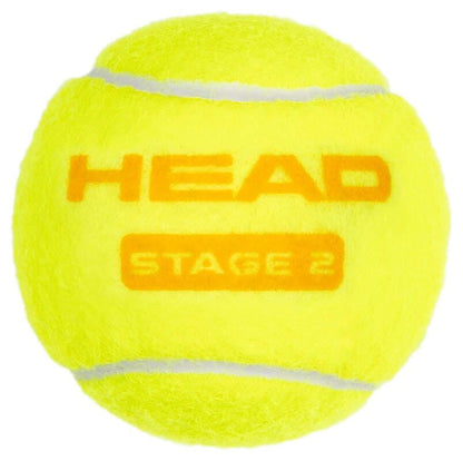 The HEAD 3B Stage 2 Tennis Balls - Orange are ideal for kids and orange court play, featuring the HEAD logo and "Stage 2" printed on bright yellow balls with white curved lines.