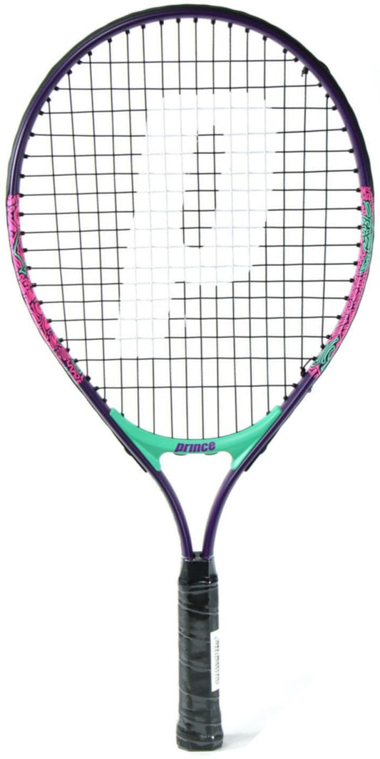 The Prince Ace/Face 21 Junior Tennis Racket by Prince features a stylish black handle and a distinct head with a purple frame, highlighted by pink and teal accents. Its lightweight aluminum build is perfect for beginners aiming to enhance their power, further enhanced by the grid-patterned strings and the bold white "P" emblem.