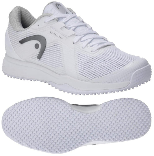 The HEAD Sprint Pro 4.0 Women's Grass Court Tennis Shoes feature lightweight, breathable white mesh uppers with grey accents and textured rubber soles, one shoe showing the side and the other displaying circular grip patterns on the sole.