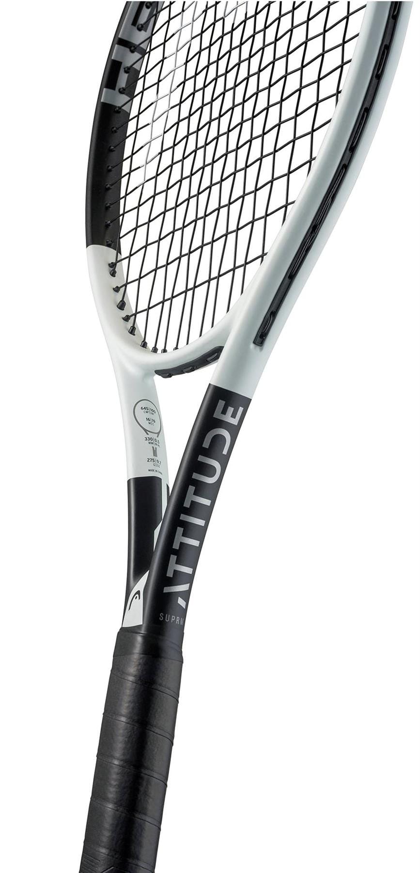Close-up of the HEAD MX Attitude SUPRM Tennis Racket by HEAD, a lightweight beginner racket with "ATTITUDE" on the throat, a wrapped black grip, and taut strings shown against a white background.