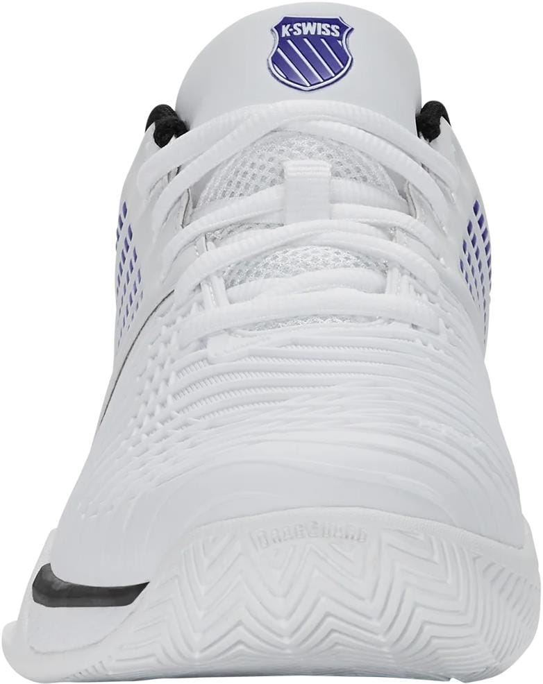 Front view of the K-Swiss Express Light 3 Men's Tennis Shoes (White/Dazzling Blue/Black) with textured patterns, white laces, and a blue logo on the tongue, designed for lightweight performance with black/blue accents and a grooved sole.