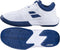 The Babolat SFX EVO All Court Womens Tennis Shoes in White/Forever Blue feature a sleek geometric side design and textured outsole grips for superior court footwork, shown from both the side and sole view.