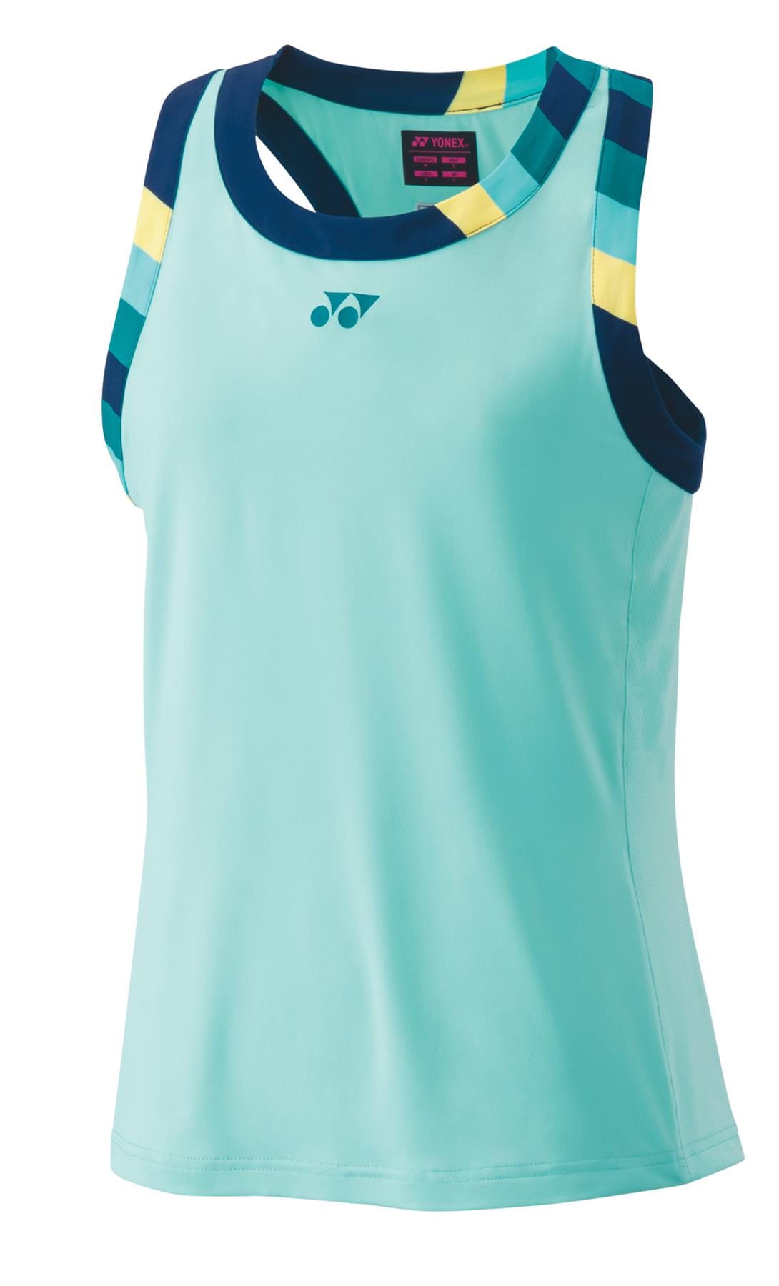 The Yonex 20753EX Womens Tennis Tank Top in Cyan is a sleeveless design adorned with vibrant blue, yellow, and green stripes on the shoulders. This VERYCOOL tank top offers both comfort and style on the court, featuring UV Reduction technology and a small logo on the chest.