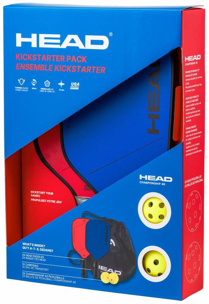 The HEAD Kickstarter Pickleball Paddle Pack by HEAD features two beginner paddles, three yellow balls, and a black carrying bag in blue/red packaging, with all items visible through the open window of the box.