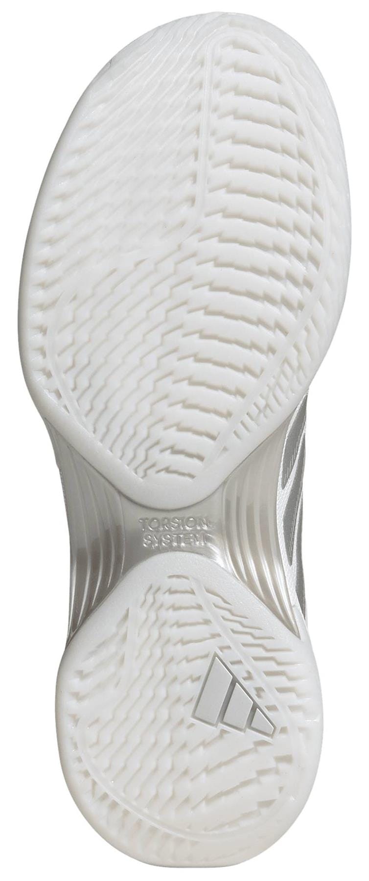 The image shows the white textured outsole of the adidas ADIDAS Avacourt 3 Womens Tennis Shoes, featuring a wavy herringbone pattern for tennis courts and a small silver adidas logo near the heel.