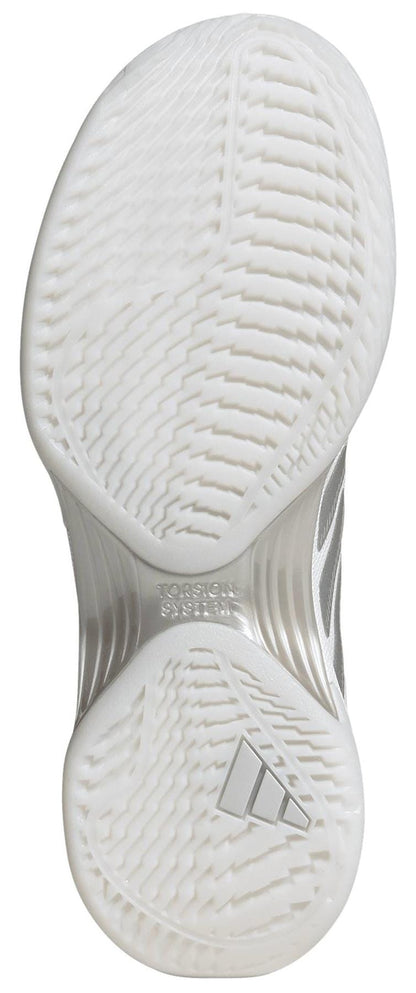 The image shows the white textured outsole of the adidas ADIDAS Avacourt 3 Womens Tennis Shoes, featuring a wavy herringbone pattern for tennis courts and a small silver adidas logo near the heel.