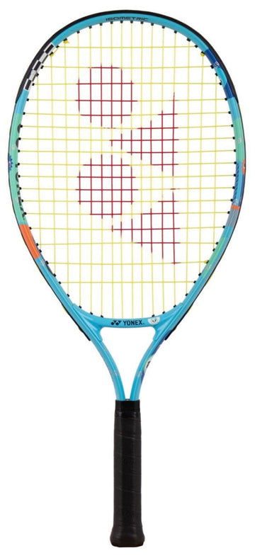 The Yonex Junior 23 Ocean Blue Tennis Racket, featuring a black handle and yellow strings with a red Yonex logo, is perfect for young players seeking a quality kids tennis racket.