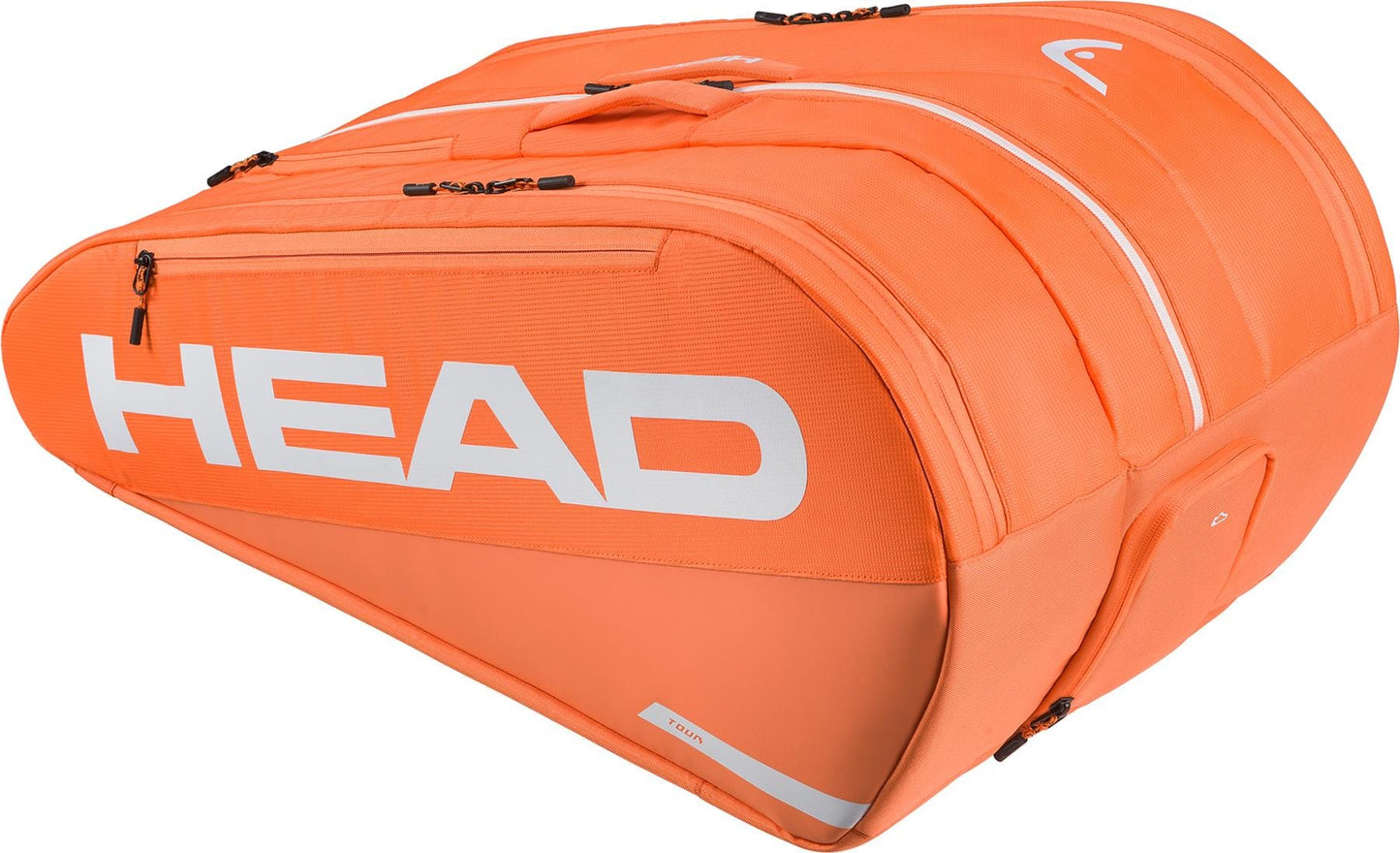 The HEAD Tour 12 Racket Tennis Bag XL - Orange features a bright orange design with white accents, multiple zippered compartments, carry handles, and climate control tech to protect rackets and gear.