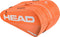 The HEAD Tour 12 Racket Tennis Bag XL - Orange features a bright orange design with white accents, multiple zippered compartments, carry handles, and climate control tech to protect rackets and gear.
