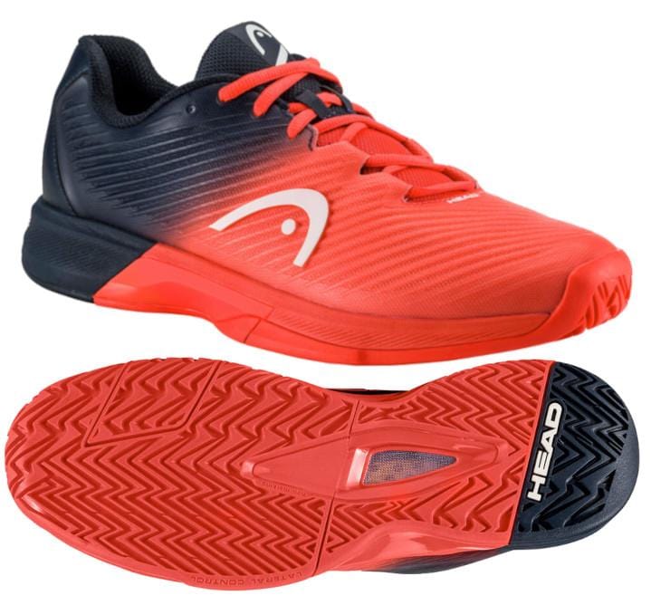 The HEAD Revolt Pro 4.0 Men's Tennis Shoes - BBFC feature a red and black gradient design with a distinctive white logo on the side. The herringbone-patterned sole ensures optimal grip, while the brand name is prominently displayed on the heel. These shoes are equipped with advanced performance technologies and are presented from both top and bottom perspectives.