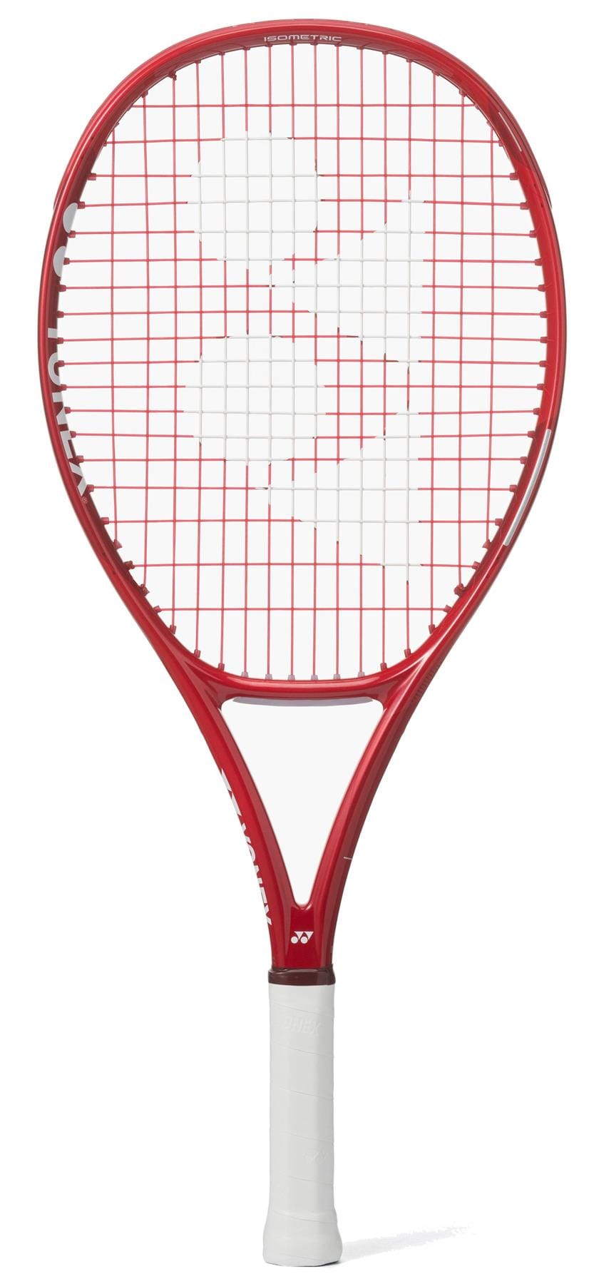 A Yonex VCORE 25 Junior Ruby Red 2026 Tennis Racket with a white grip and large white logo on the strings, shown against a plain white background.