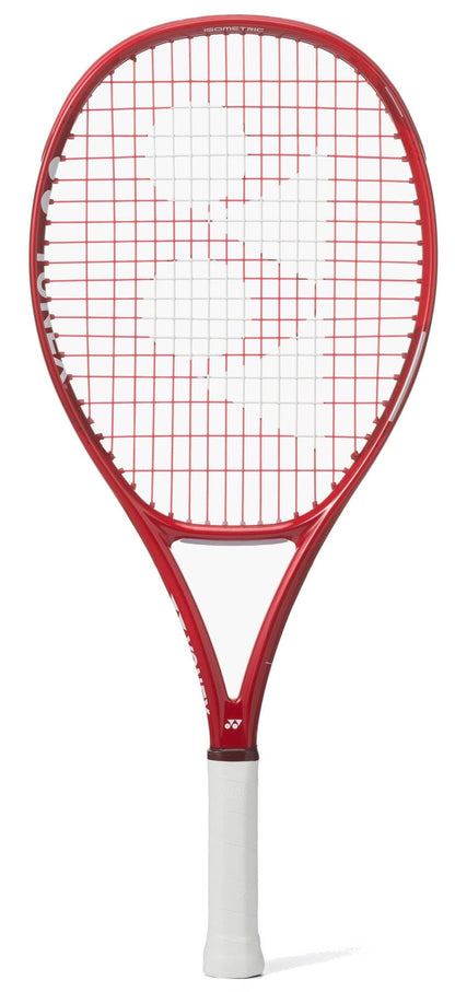 A Yonex VCORE 25 Junior Ruby Red 2026 Tennis Racket with a white grip and large white logo on the strings, shown against a plain white background.