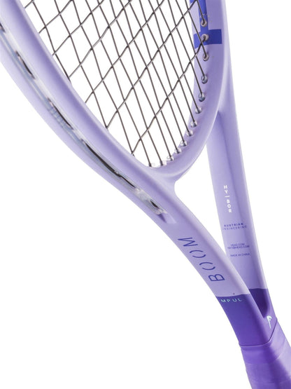 Close-up of the lightweight HEAD Boom MP UL Alternate 2026 Tennis Racket by HEAD in light purple, showing the strings and "BOOM" branding—ideal for beginners.