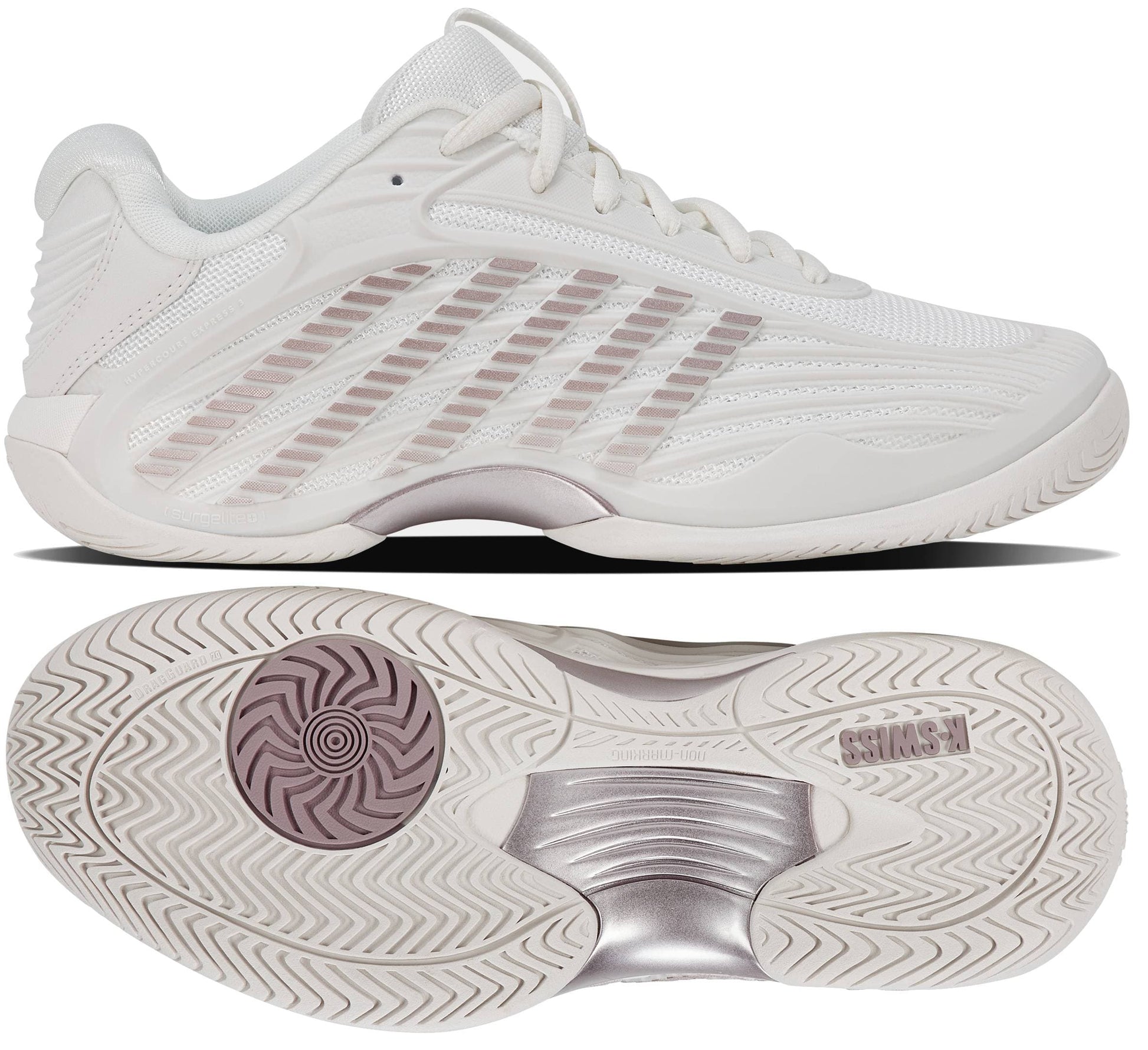 Two views of the K-Swiss Hypercourt Express 3 Women's Tennis Shoes in White and Rose Gold: a side profile highlights the wavy lines and striped detailing, while the bottom view showcases a textured sole with circular patterns and rose gold metallic accents. These K-Swiss tennis shoes blend performance technology with elegant style, boosting on-court confidence.