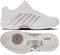 Two views of the K-Swiss Hypercourt Express 3 Women's Tennis Shoes in White and Rose Gold: a side profile highlights the wavy lines and striped detailing, while the bottom view showcases a textured sole with circular patterns and rose gold metallic accents. These K-Swiss tennis shoes blend performance technology with elegant style, boosting on-court confidence.