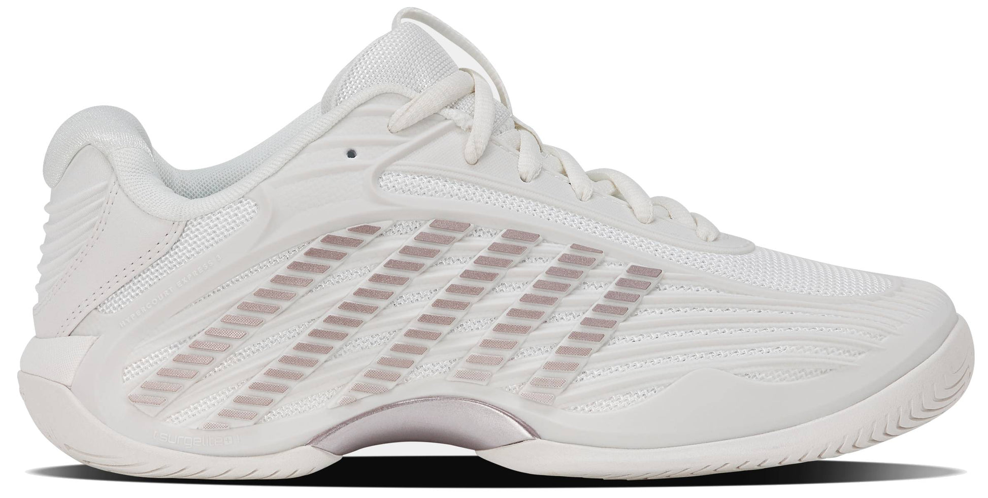 The K-Swiss Hypercourt Express 3 Women's Tennis Shoes in White/Rose Gold are inspired by classic women's tennis sneakers, featuring a breathable mesh upper, textured side detailing, white laces, and a slightly chunky sole. Light rose gold accents add a modern touch to the streamlined design, making these shoes perfect for both on-court performance and off-court style.