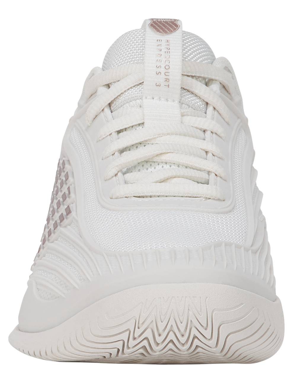 A close-up rear view of the K-Swiss Hypercourt Express 3 Women's Tennis Shoes in White/Rose Gold, showcasing the signature textured details, woven side pattern, white laces, and a ridged sole from K-Swiss, set against a plain background.