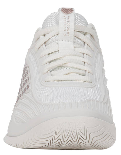 A close-up rear view of the K-Swiss Hypercourt Express 3 Women's Tennis Shoes in White/Rose Gold, showcasing the signature textured details, woven side pattern, white laces, and a ridged sole from K-Swiss, set against a plain background.