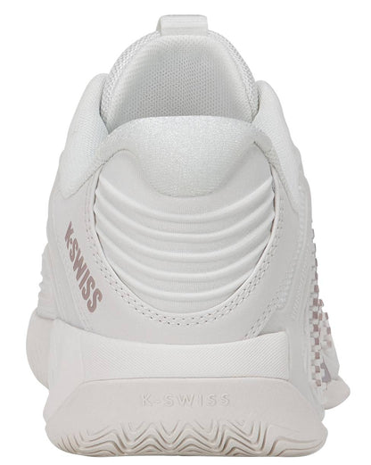 The K-Swiss Hypercourt Express 3 Womens Tennis Shoes in White / Rose Gold are pictured from the back, showcasing ribbed heel detailing, a textured sole, and bold "K-SWISS" branding on both the heel and midsole—ideal for those seeking stylish yet high-performance tennis shoes.