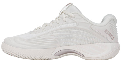 The K-Swiss Hypercourt Express 3 Womens Tennis Shoes in White / Rose Gold feature a white athletic silhouette with textured detailing, white laces, and a subtle light pink "K-SWISS" logo on the heel. Viewed from the side against a white background, this stylish and comfortable design is perfect for women seeking premium performance tennis shoes from K-Swiss.