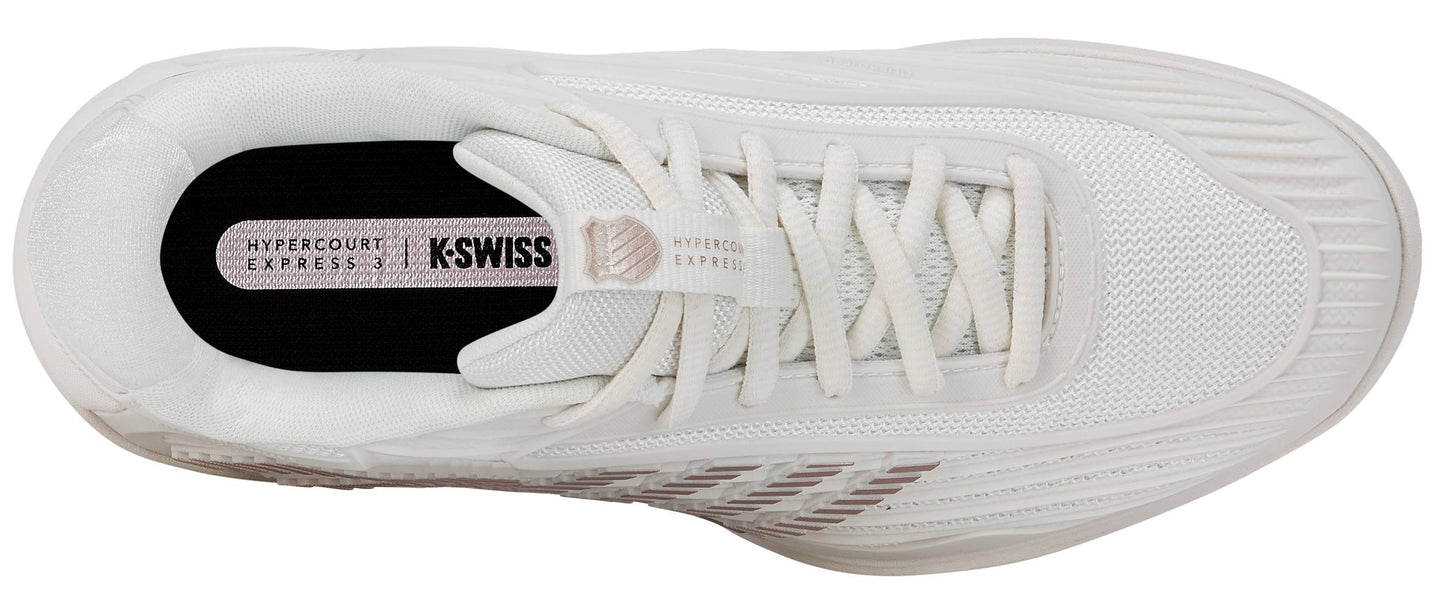 Top view of the K-Swiss Hypercourt Express 3 Women's Tennis Shoe in White/Rose Gold, featuring breathable mesh and synthetic materials, white laces, and distinctive K-Swiss branding on the tongue and insole—a standout choice among women's tennis shoes.