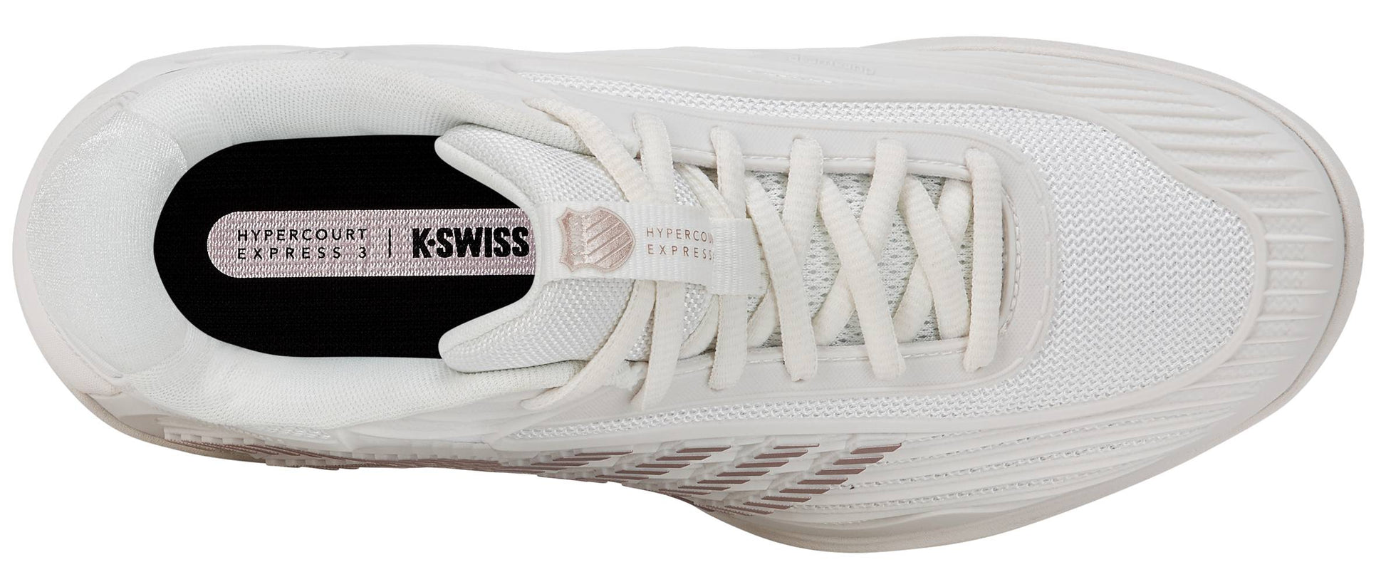 Top view of the K-Swiss Hypercourt Express 3 Women's Tennis Shoe in White/Rose Gold, featuring breathable mesh and synthetic materials, white laces, and distinctive K-Swiss branding on the tongue and insole—a standout choice among women's tennis shoes.