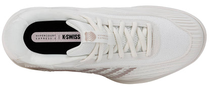 Top view of the K-Swiss Hypercourt Express 3 Women's Tennis Shoe in White/Rose Gold, featuring breathable mesh and synthetic materials, white laces, and distinctive K-Swiss branding on the tongue and insole—a standout choice among women's tennis shoes.