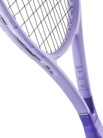 Close-up of the HEAD Boom MP L Alternate 2026 Tennis Racket in purple, highlighting the strings and part of the frame with specs and numbers, designed for power and touch.